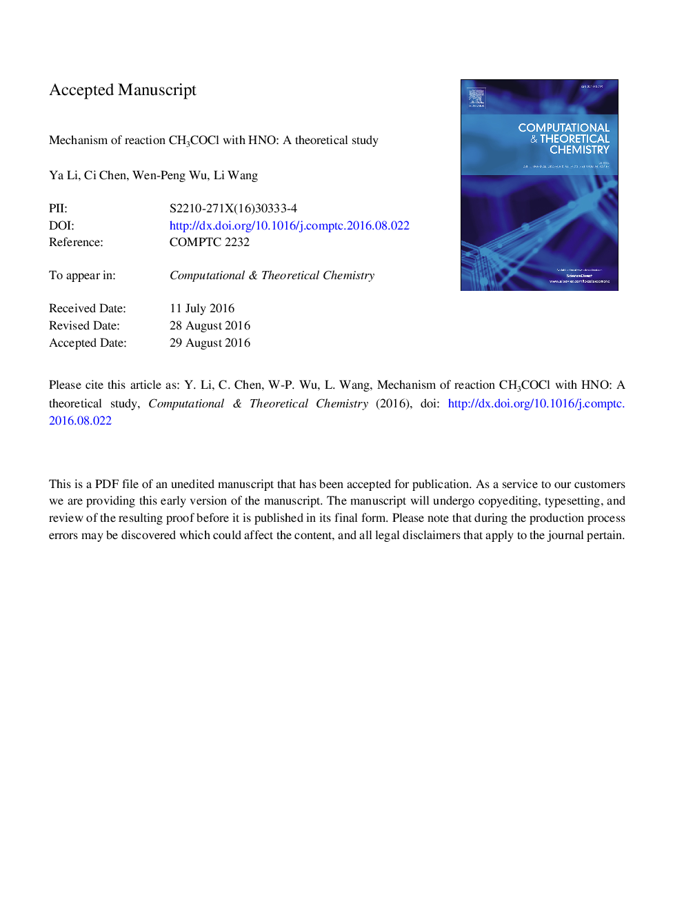 Mechanism of reaction CH3COCl with HNO: A theoretical study