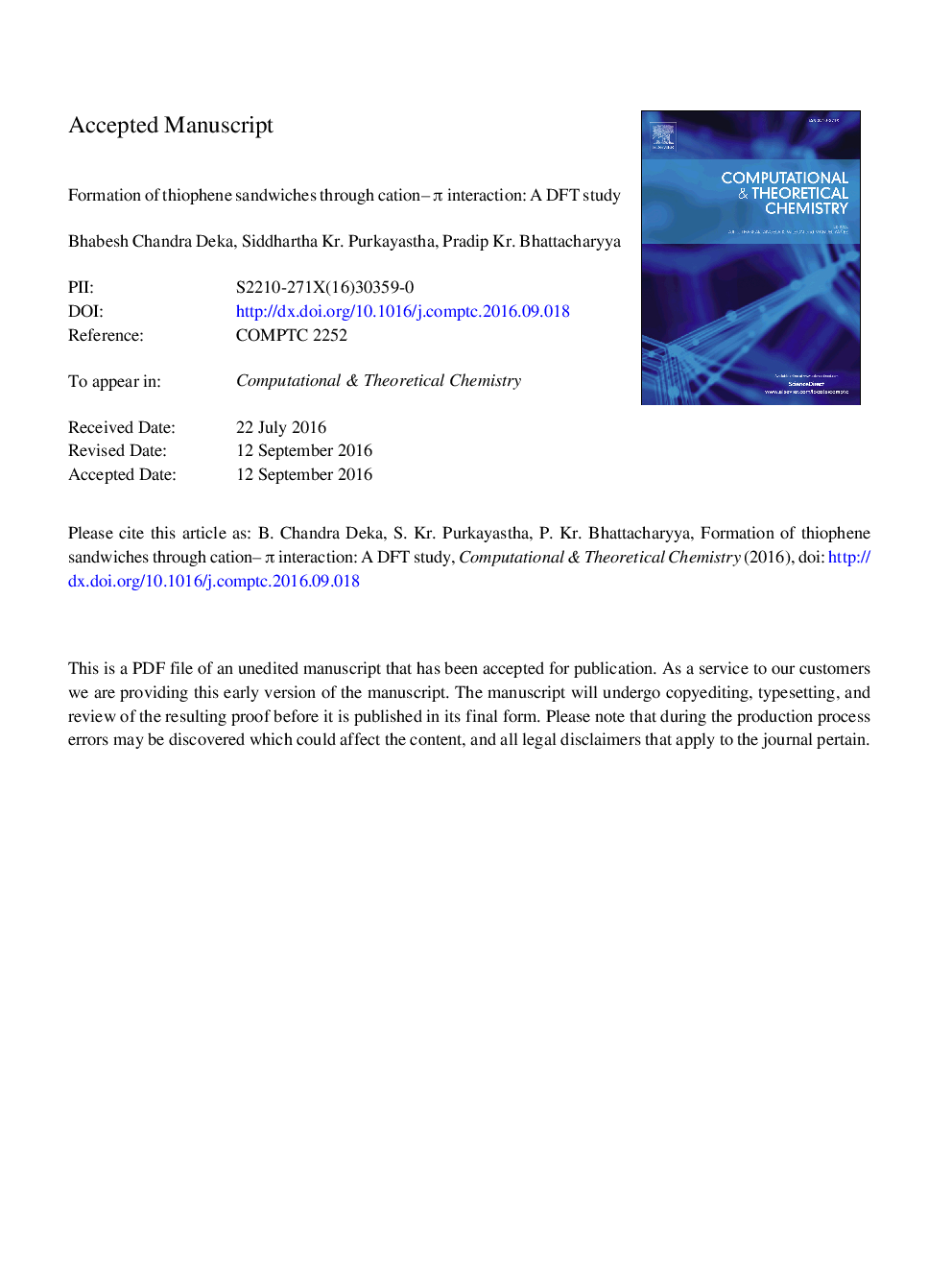 Formation of thiophene sandwiches through cation-Ï interaction: A DFT study