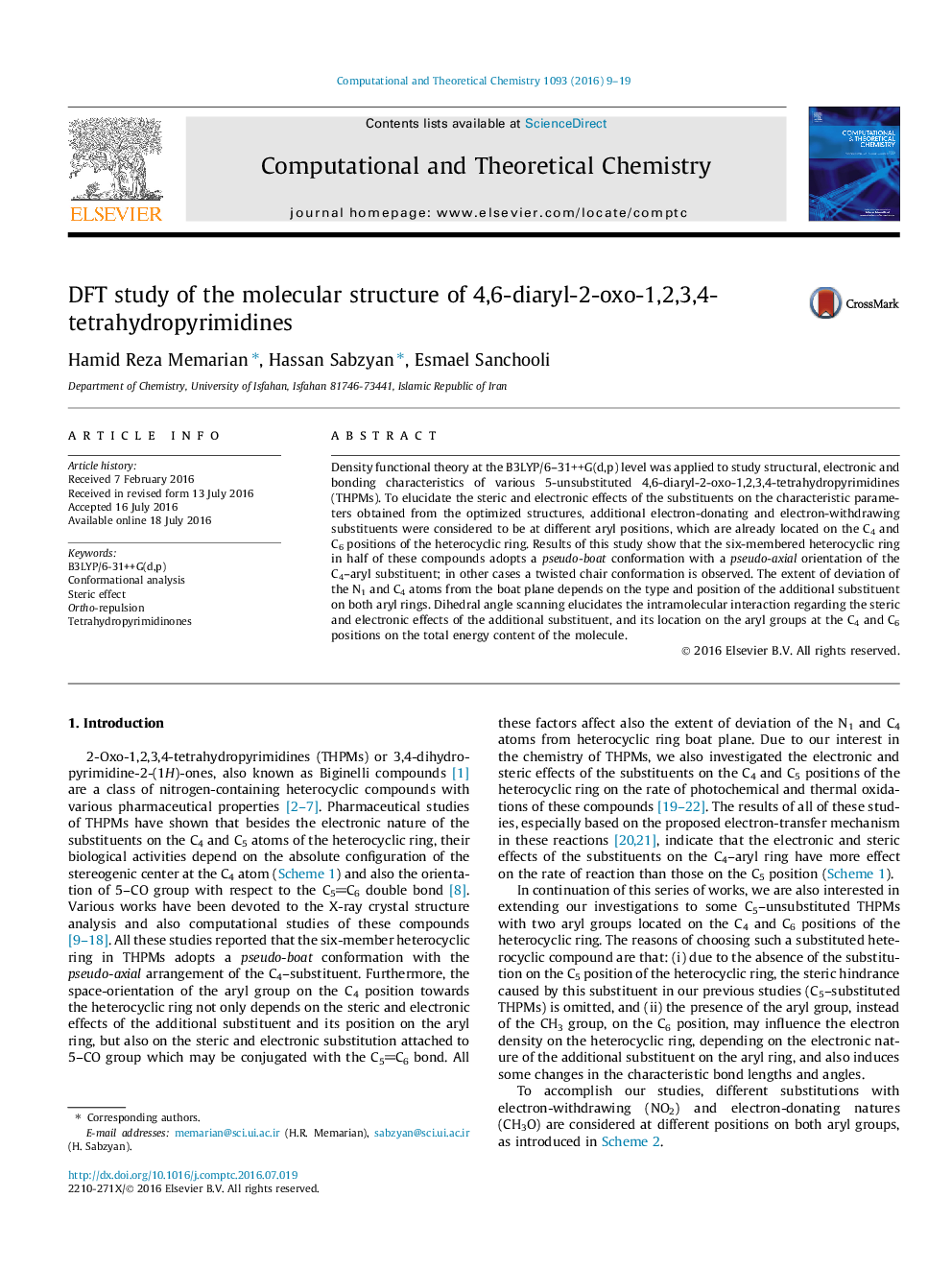 DFT study of the molecular structure of 4,6-diaryl-2-oxo-1,2,3,4-tetrahydropyrimidines