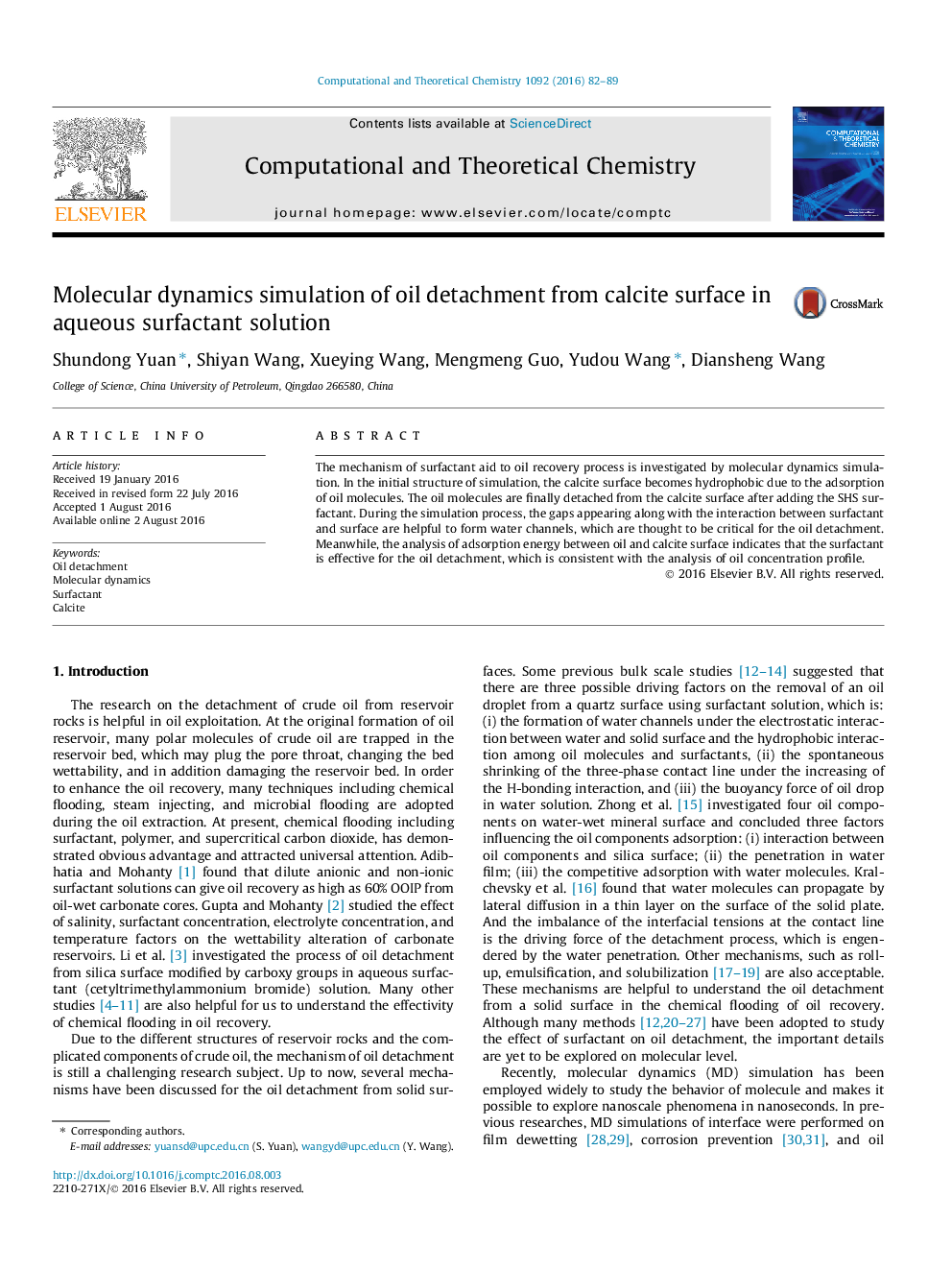 Molecular dynamics simulation of oil detachment from calcite surface in aqueous surfactant solution