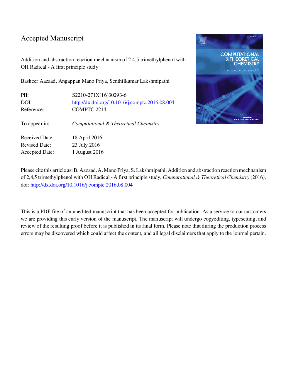 Addition and abstraction reaction mechanism of 2,4,5-trimethylphenol with OH radical - A first principle study