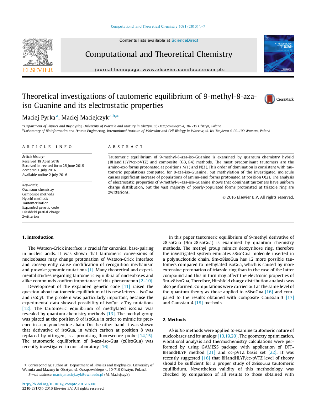 عکس صفحه اول مقاله: Theoretical investigations of tautomeric equilibrium of 9-methyl-8-aza-iso-Guanine and its electrostatic properties Theoretical investigations of tautomeric equilibrium of 9-methyl-8-aza-iso-Guanine and its electrostatic properties