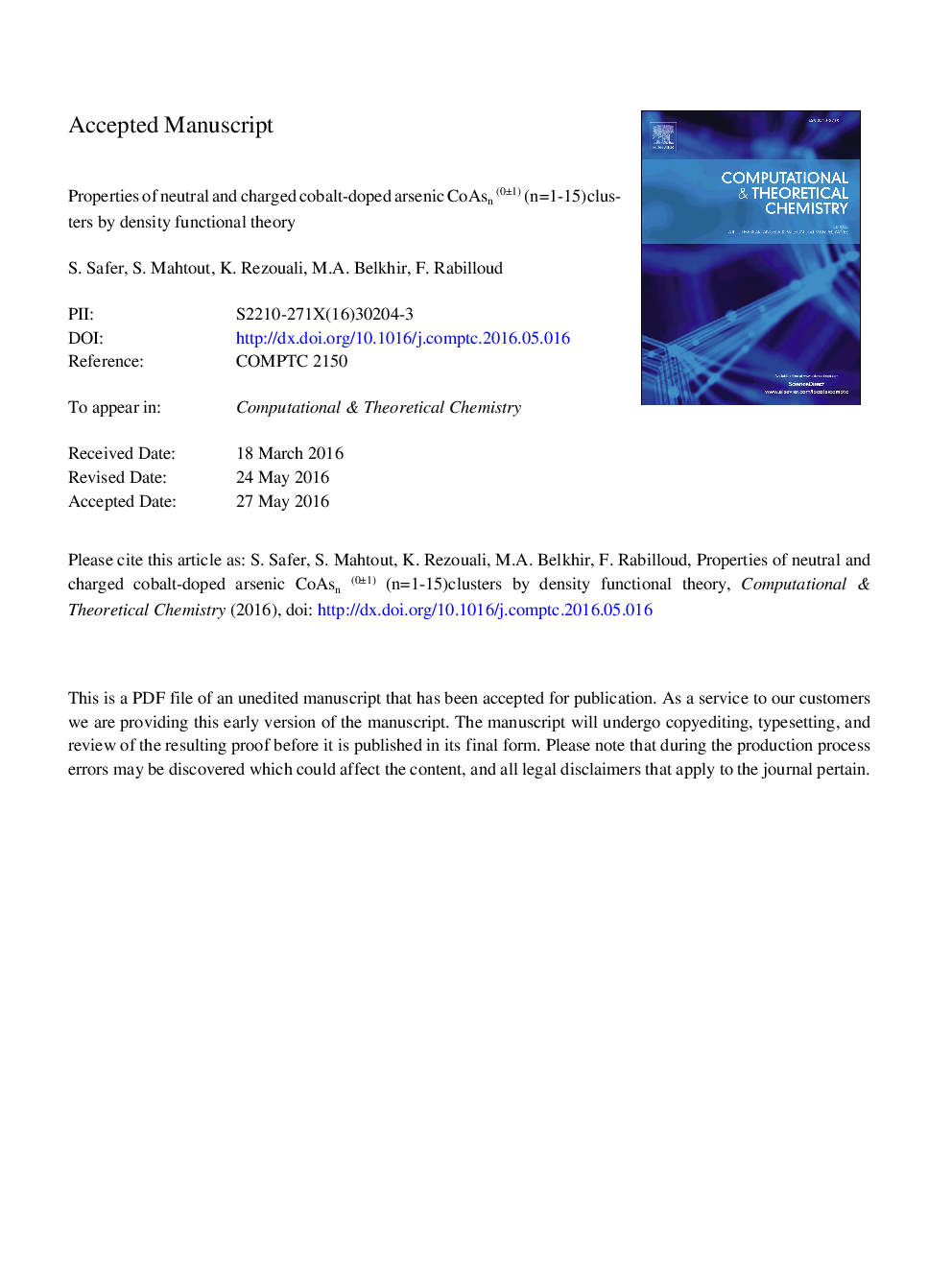 Properties of neutral and charged cobalt-doped arsenic CoAsn(0Â±1) (nÂ =Â 1-15) clusters by density functional theory