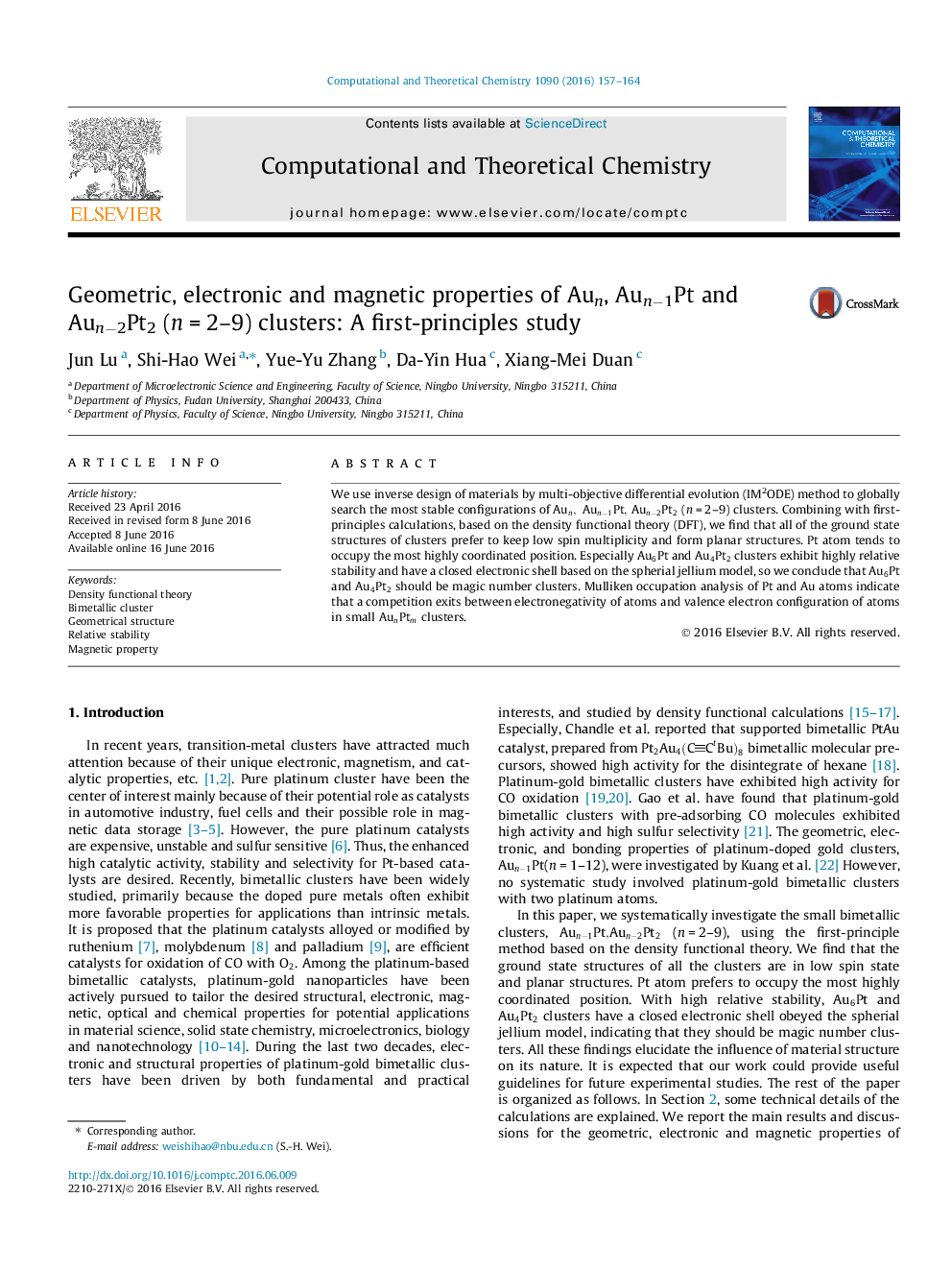 Geometric, electronic and magnetic properties of Aun, Aunâ1Pt and Aunâ2Pt2 (nÂ =Â 2-9) clusters: A first-principles study