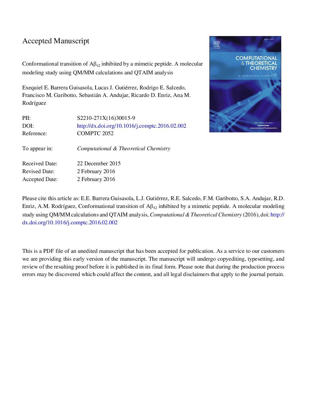 Conformational transition of AÎ²42 inhibited by a mimetic peptide. A molecular modeling study using QM/MM calculations and QTAIM analysis