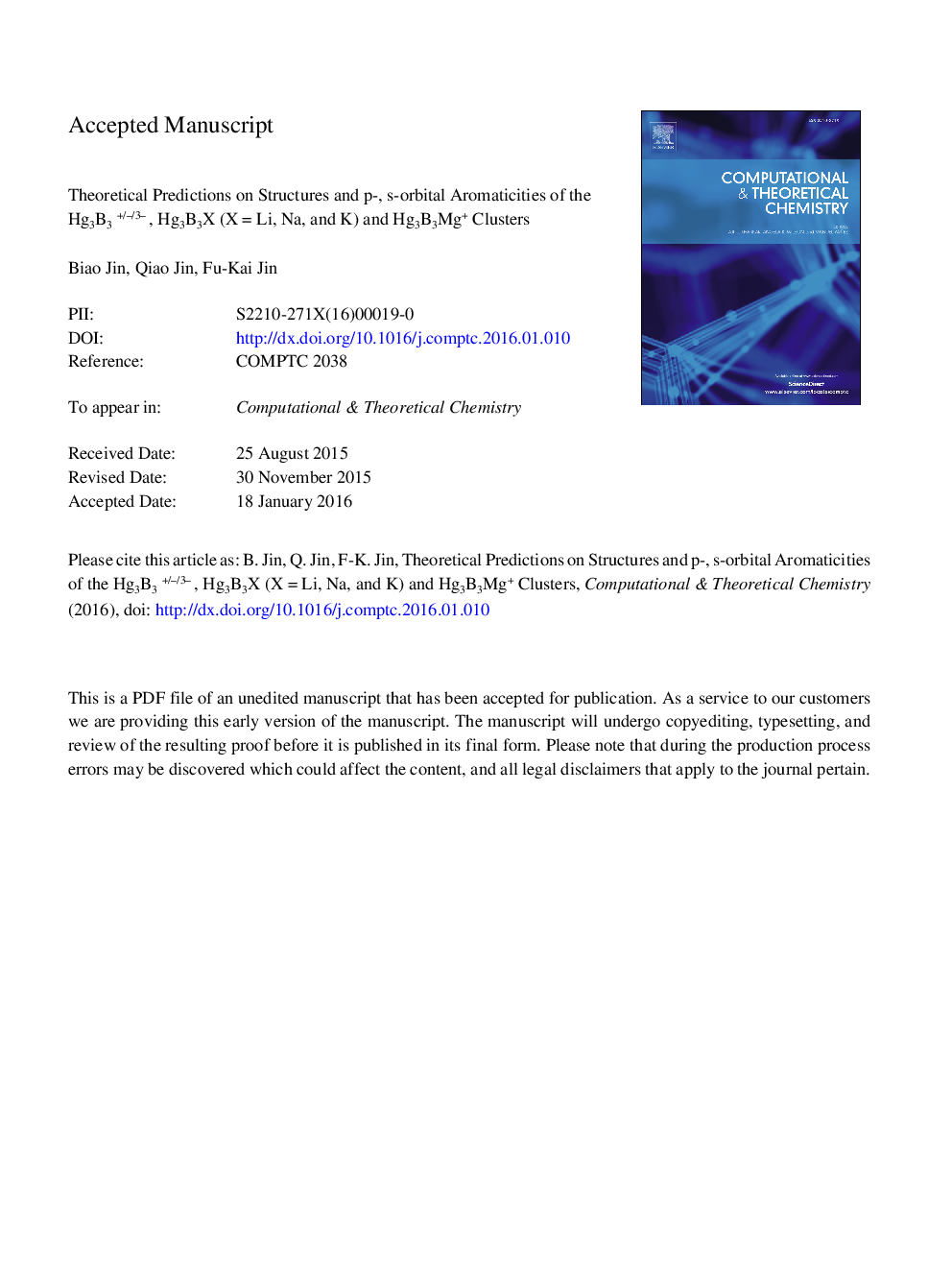 عکس صفحه اول مقاله: Theoretical predictions on structures and p-, s-orbital aromaticities of the Hg3B3+/â/3â, Hg3B3X (XÂ =Â Li, Na, and K) and Hg3B3Mg+ clusters Theoretical predictions on structures and p-, s-orbital aromaticities of the Hg3B3+/â/3â, Hg3B3X (XÂ =Â Li, Na, and K) and Hg3B3Mg+ clusters