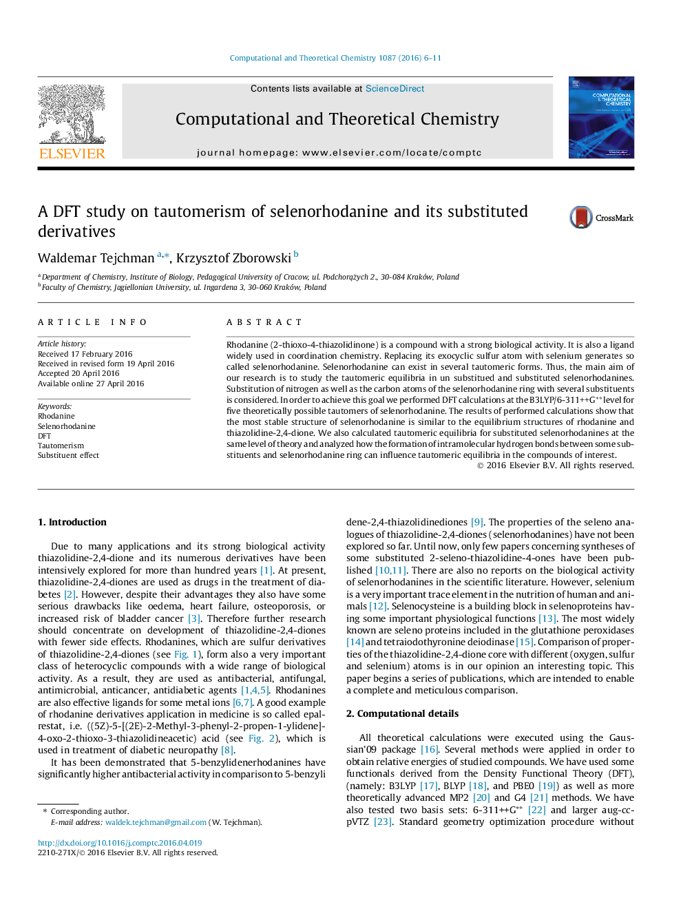 عکس صفحه اول مقاله: A DFT study on tautomerism of selenorhodanine and its substituted derivatives A DFT study on tautomerism of selenorhodanine and its substituted derivatives