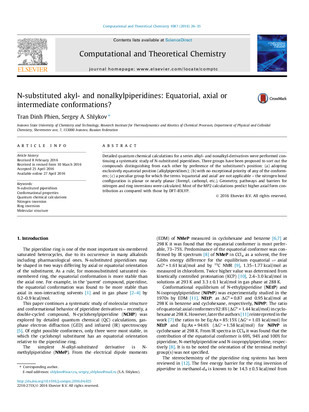 N-substituted akyl- and nonalkylpiperidines: Equatorial, axial or intermediate conformations?