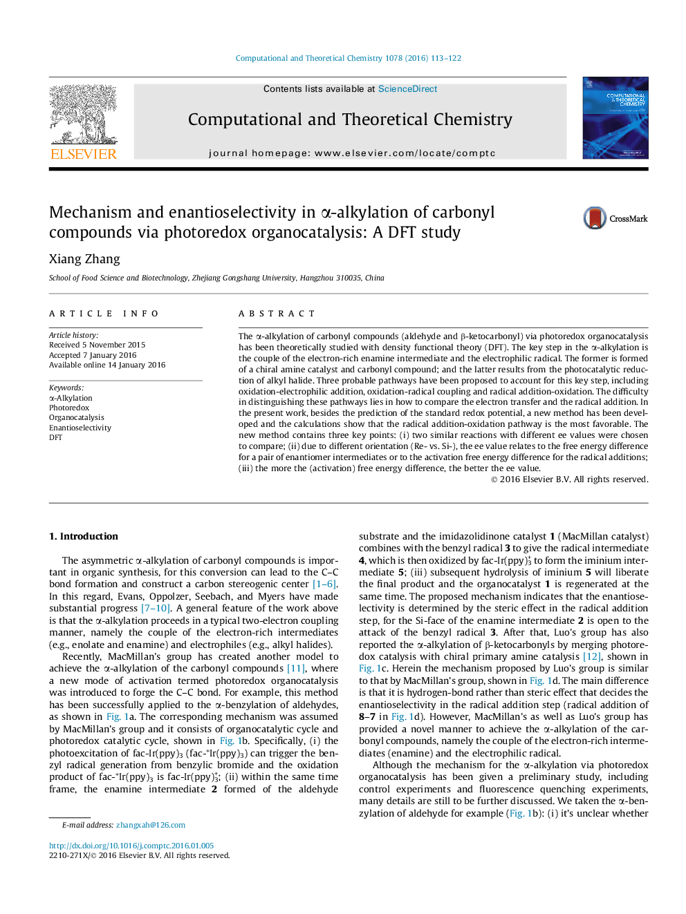 Mechanism and enantioselectivity in Î±-alkylation of carbonyl compounds via photoredox organocatalysis: A DFT study