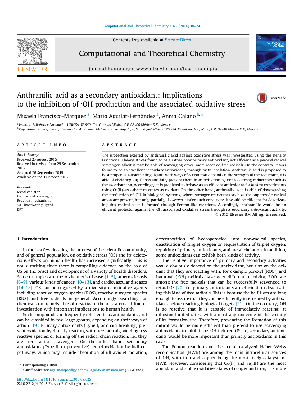 Anthranilic acid as a secondary antioxidant: Implications to the inhibition of OH production and the associated oxidative stress