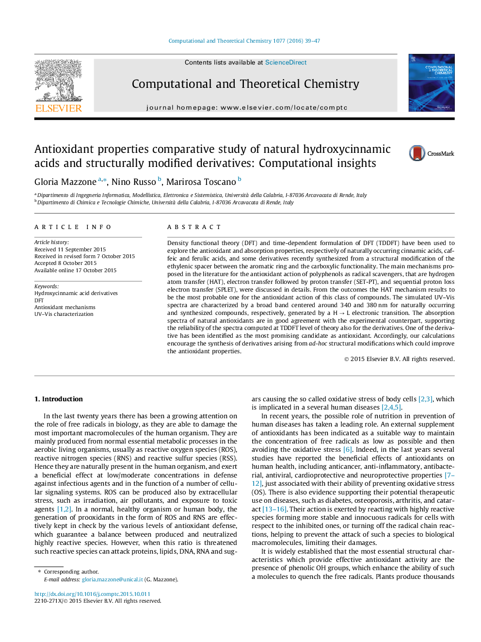 Antioxidant properties comparative study of natural hydroxycinnamic acids and structurally modified derivatives: Computational insights