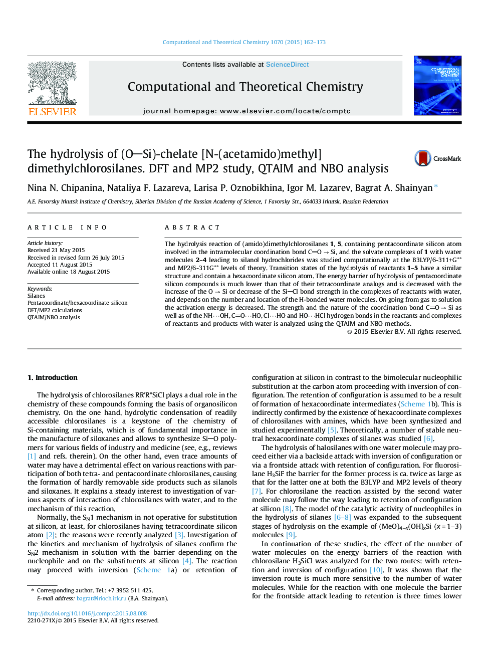 The hydrolysis of (OSi)-chelate [N-(acetamido)methyl]dimethylchlorosilanes. DFT and MP2 study, QTAIM and NBO analysis