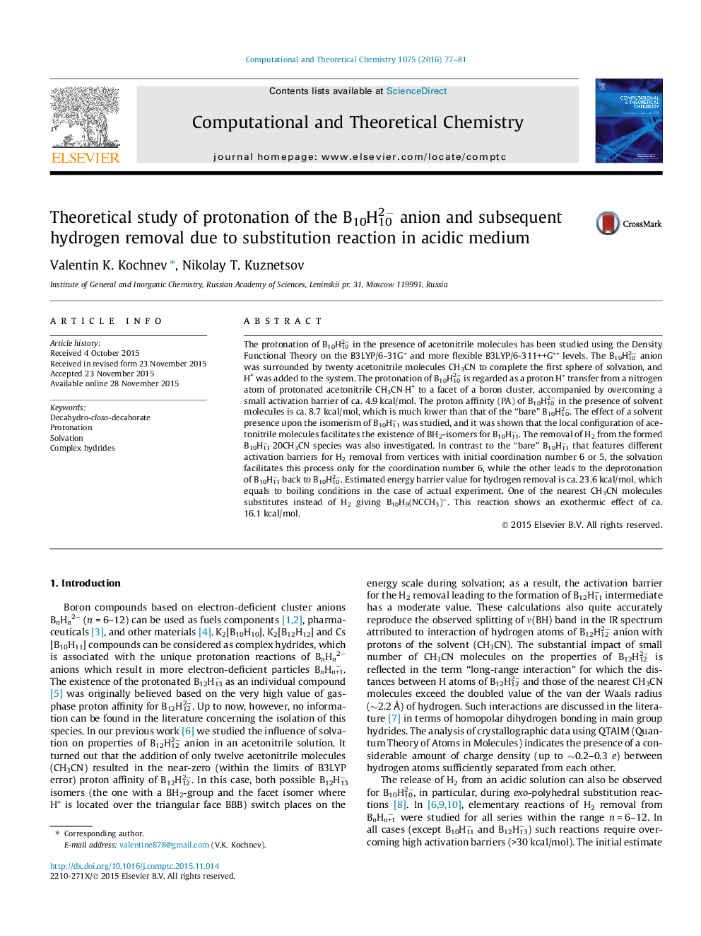 Theoretical study of protonation of the B10H102â anion and subsequent hydrogen removal due to substitution reaction in acidic medium