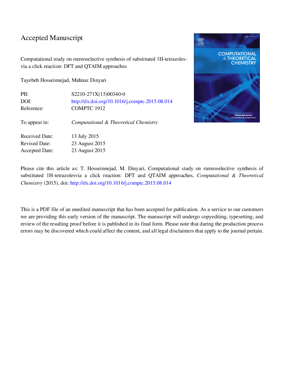 Computational study on stereoselective synthesis of substituted 1H-tetrazoles via a click reaction: DFT and QTAIM approaches