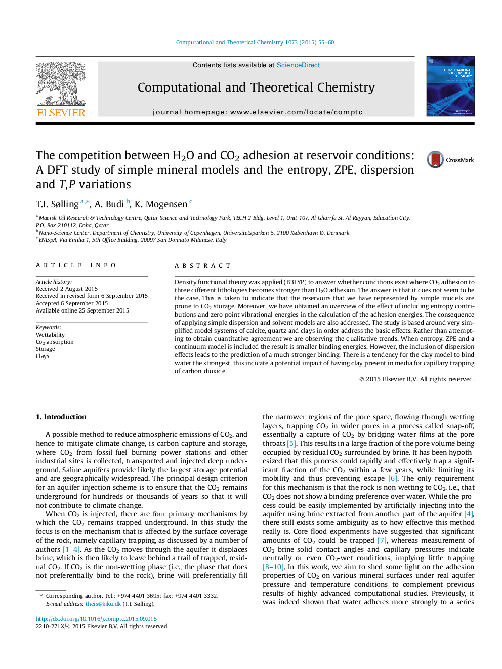 The competition between H2O and CO2 adhesion at reservoir conditions: A DFT study of simple mineral models and the entropy, ZPE, dispersion and T,Â P variations