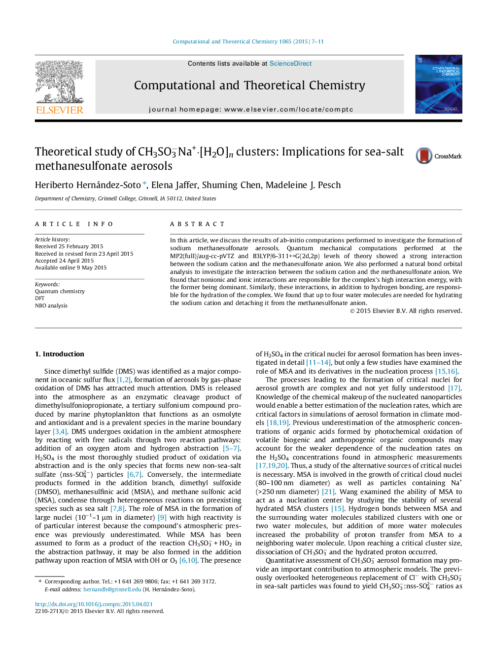 Theoretical study of CH3SO3âNa+â[H2O]n clusters: Implications for sea-salt methanesulfonate aerosols