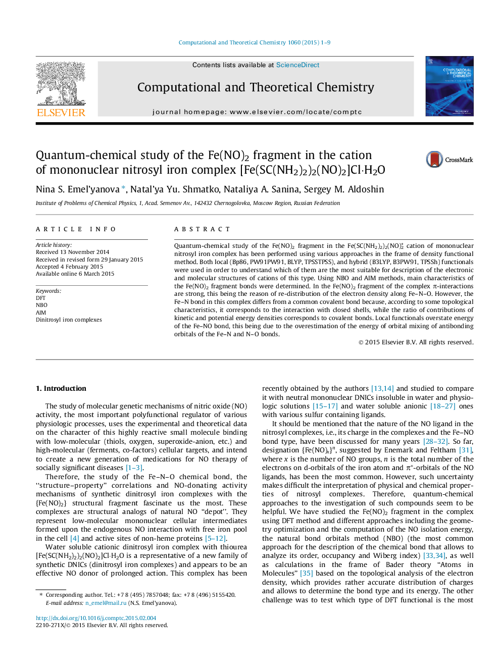 Quantum-chemical study of the Fe(NO)2 fragment in the cation of mononuclear nitrosyl iron complex [Fe(SC(NH2)2)2(NO)2]Ð¡lÂ·H2O