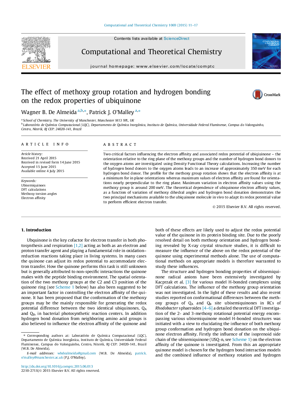 The effect of methoxy group rotation and hydrogen bonding on the redox properties of ubiquinone