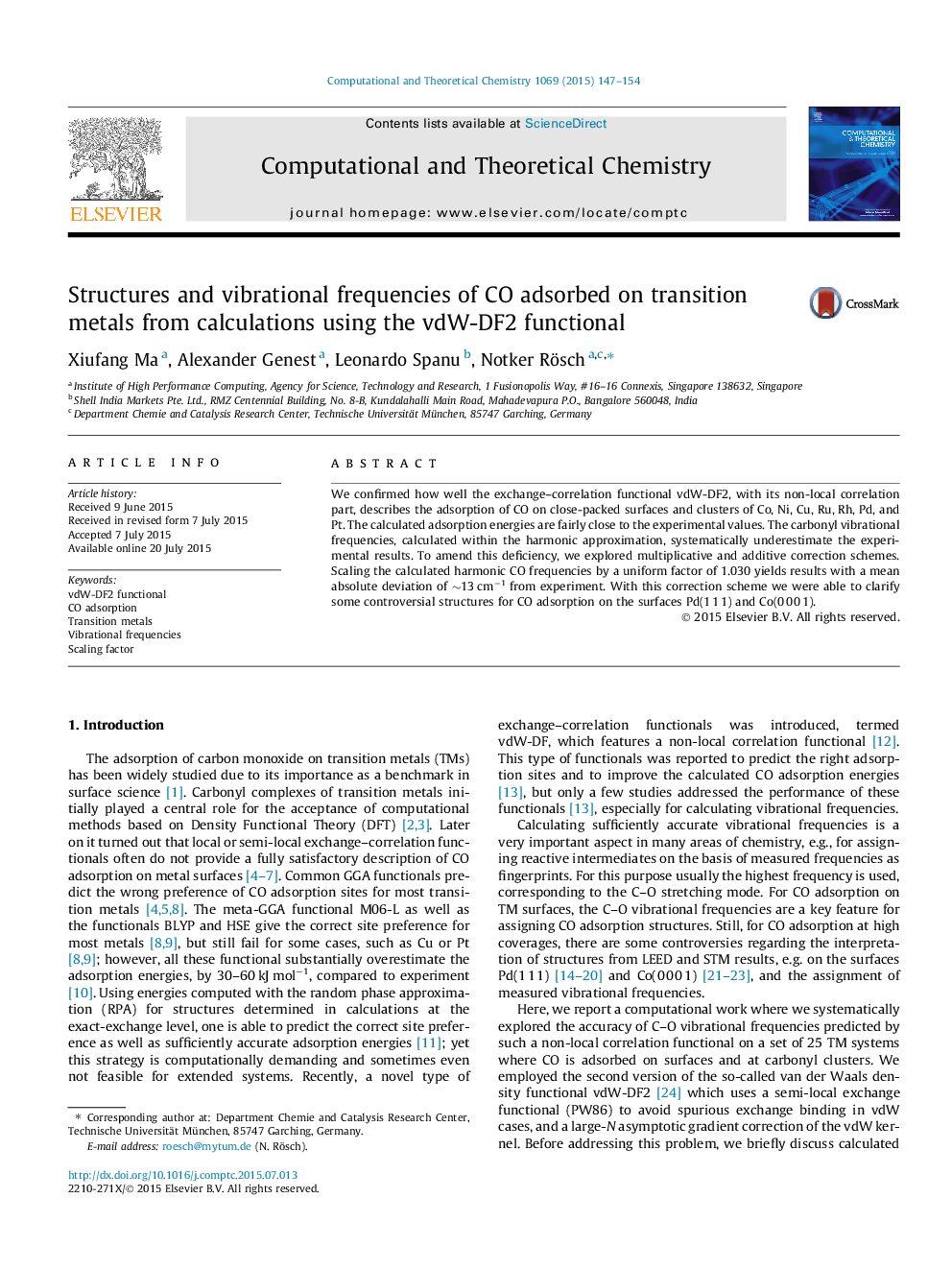 عکس صفحه اول مقاله: Structures and vibrational frequencies of CO adsorbed on transition metals from calculations using the vdW-DF2 functional Structures and vibrational frequencies of CO adsorbed on transition metals from calculations using the vdW-DF2 functional