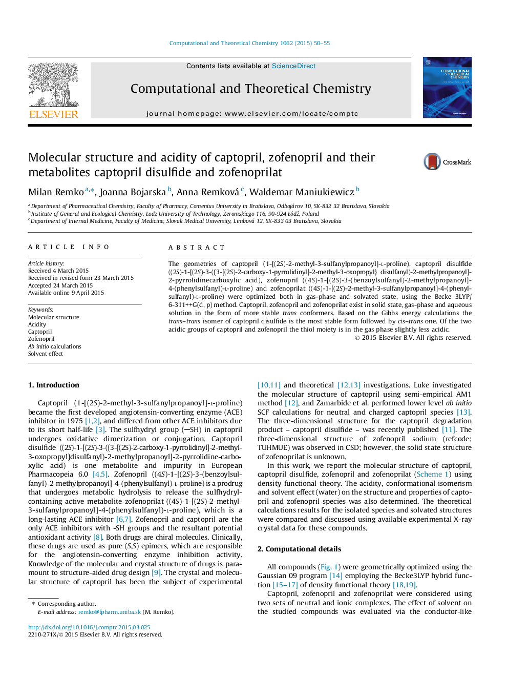 Molecular structure and acidity of captopril, zofenopril and their metabolites captopril disulfide and zofenoprilat