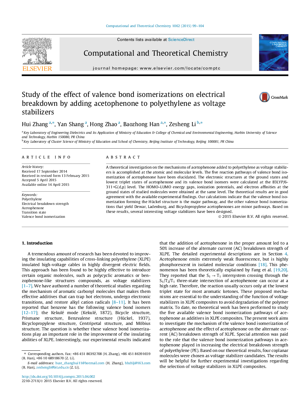 Study of the effect of valence bond isomerizations on electrical breakdown by adding acetophenone to polyethylene as voltage stabilizers