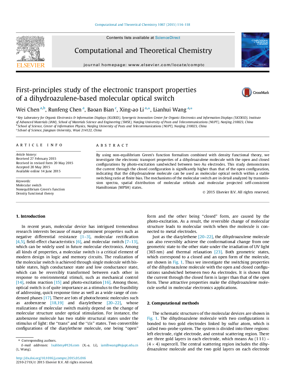 First-principles study of the electronic transport properties of a dihydroazulene-based molecular optical switch