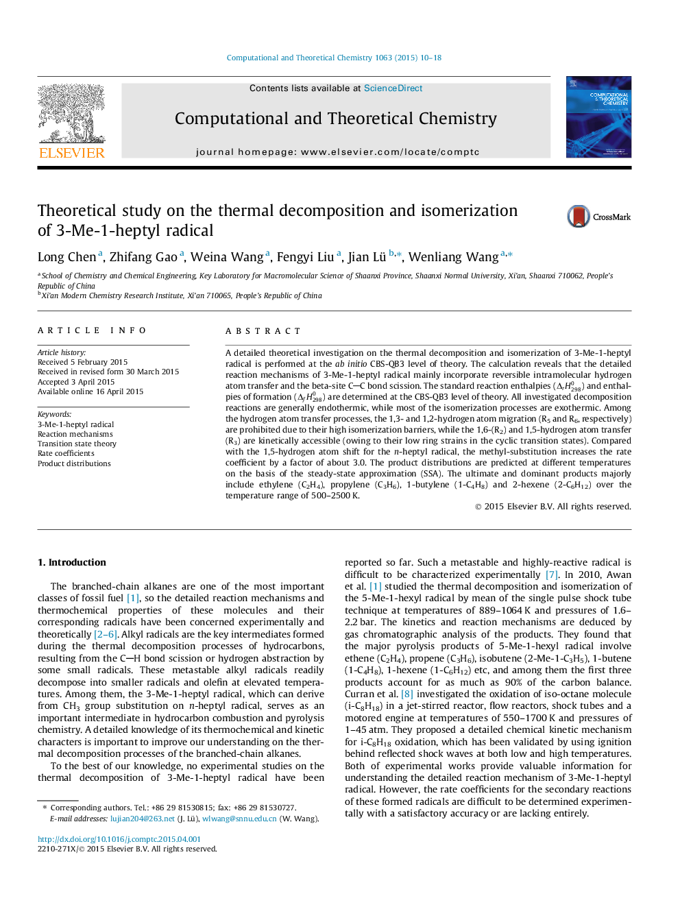 Theoretical study on the thermal decomposition and isomerization of 3-Me-1-heptyl radical