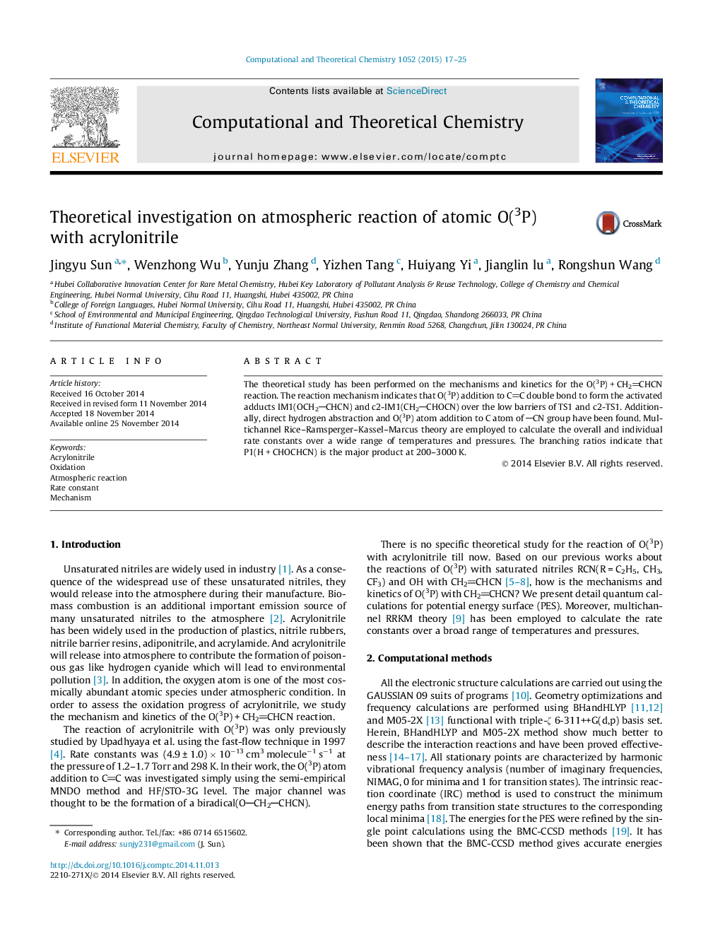 Theoretical investigation on atmospheric reaction of atomic O(3P) with acrylonitrile