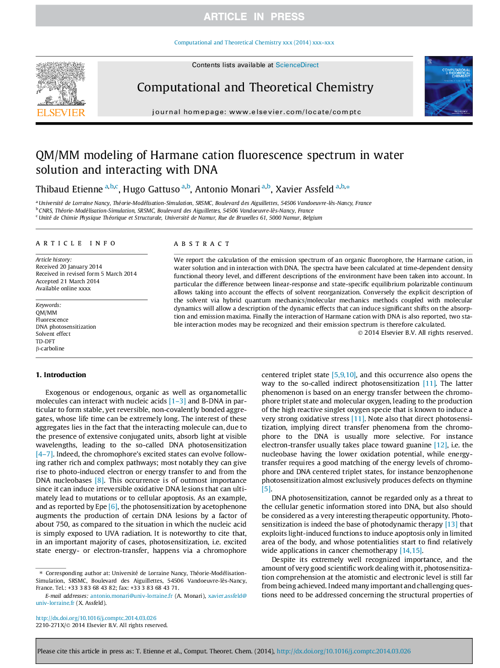 QM/MM modeling of Harmane cation fluorescence spectrum in water solution and interacting with DNA