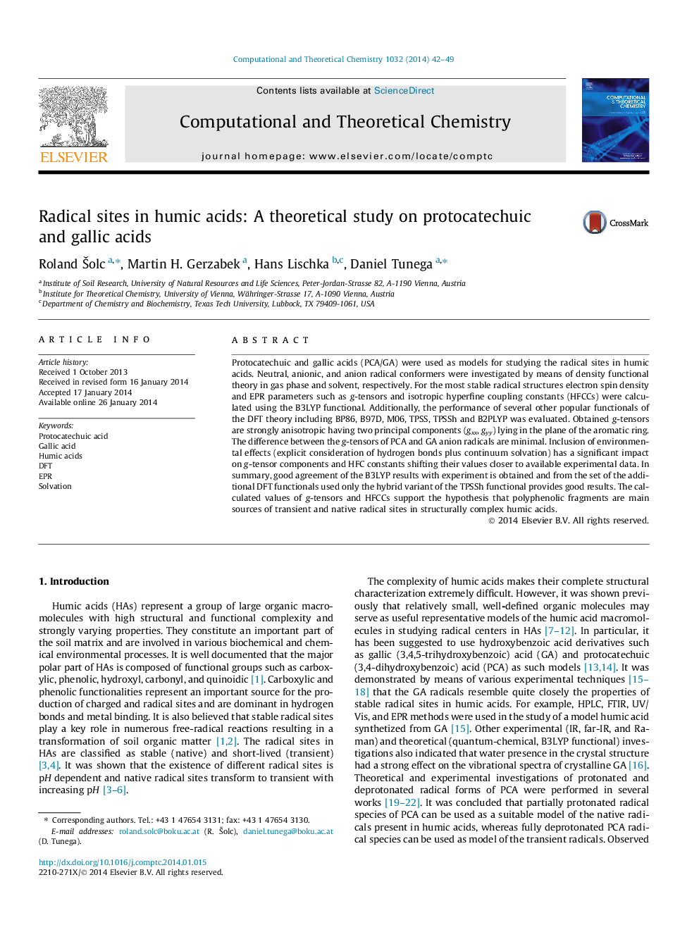 Radical sites in humic acids: A theoretical study on protocatechuic and gallic acids