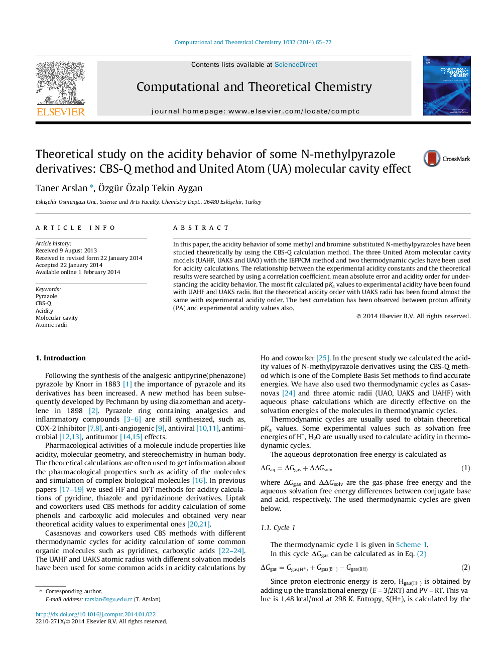 Theoretical study on the acidity behavior of some N-methylpyrazole derivatives: CBS-Q method and United Atom (UA) molecular cavity effect