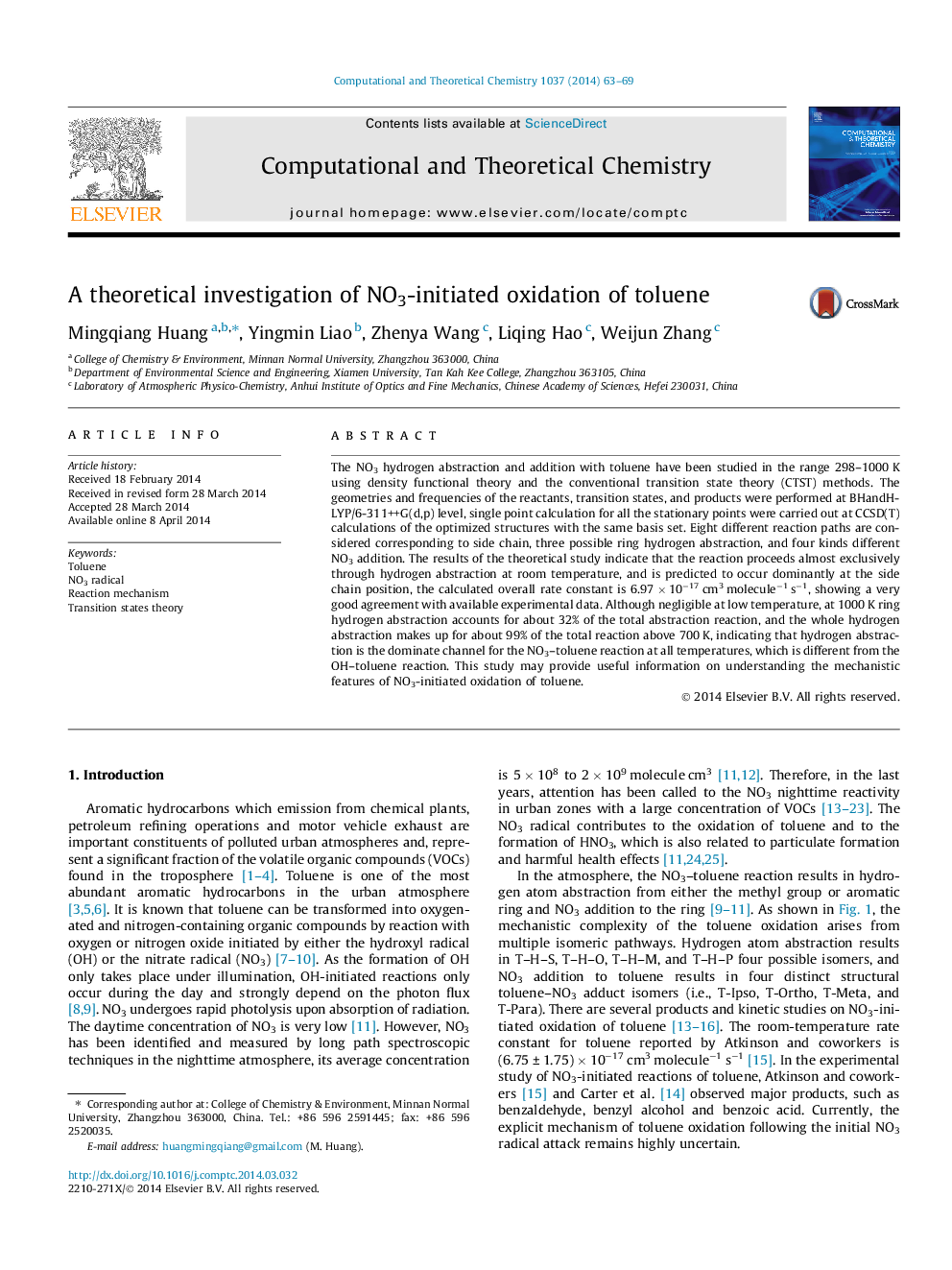 A theoretical investigation of NO3-initiated oxidation of toluene