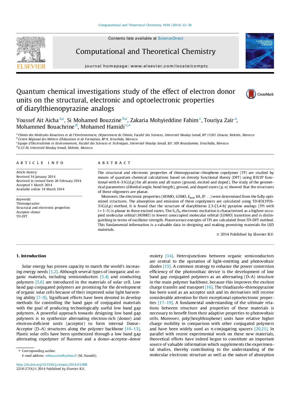 Quantum chemical investigations study of the effect of electron donor units on the structural, electronic and optoelectronic properties of diarylthienopyrazine analogs