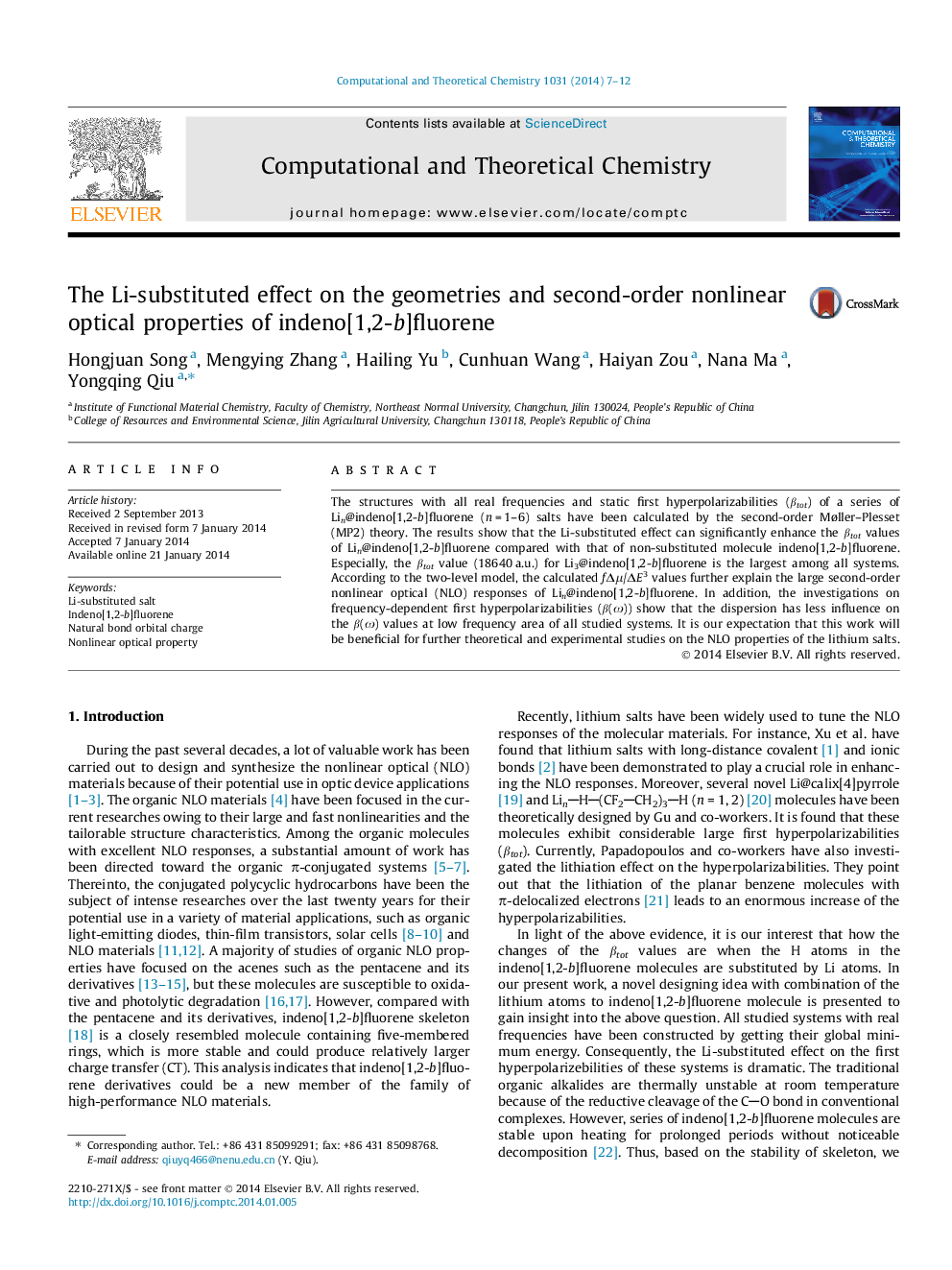 The Li-substituted effect on the geometries and second-order nonlinear optical properties of indeno[1,2-b]fluorene