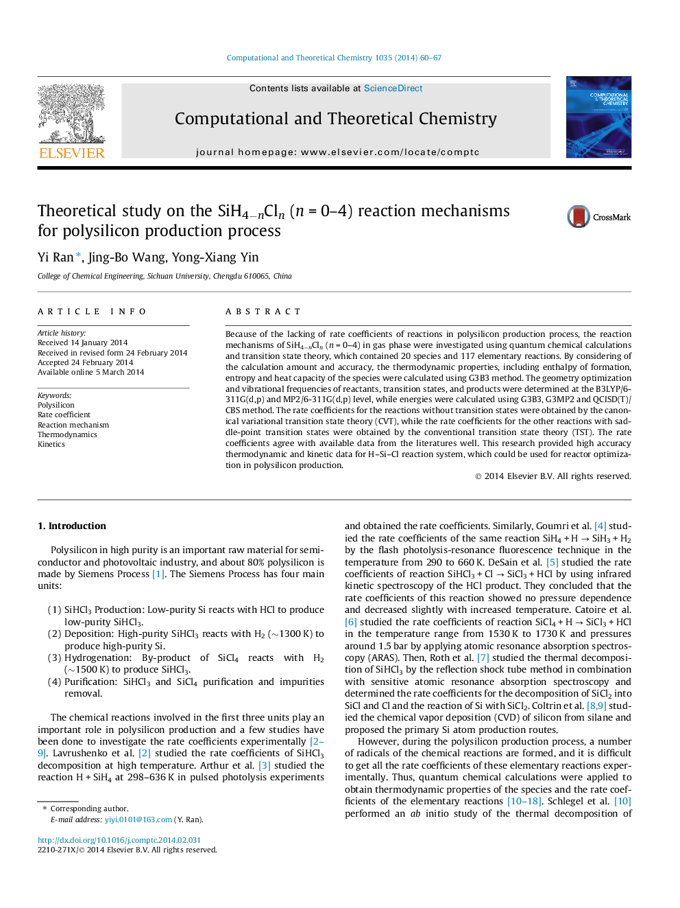 Theoretical study on the SiH4ânCln (nÂ =Â 0-4) reaction mechanisms for polysilicon production process