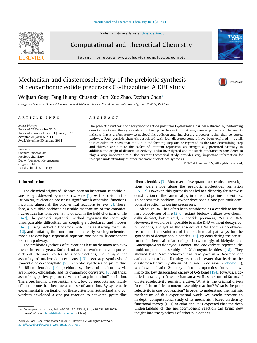 Mechanism and diastereoselectivity of the prebiotic synthesis of deoxyribonucleotide precursors C5-thiazoline: A DFT study