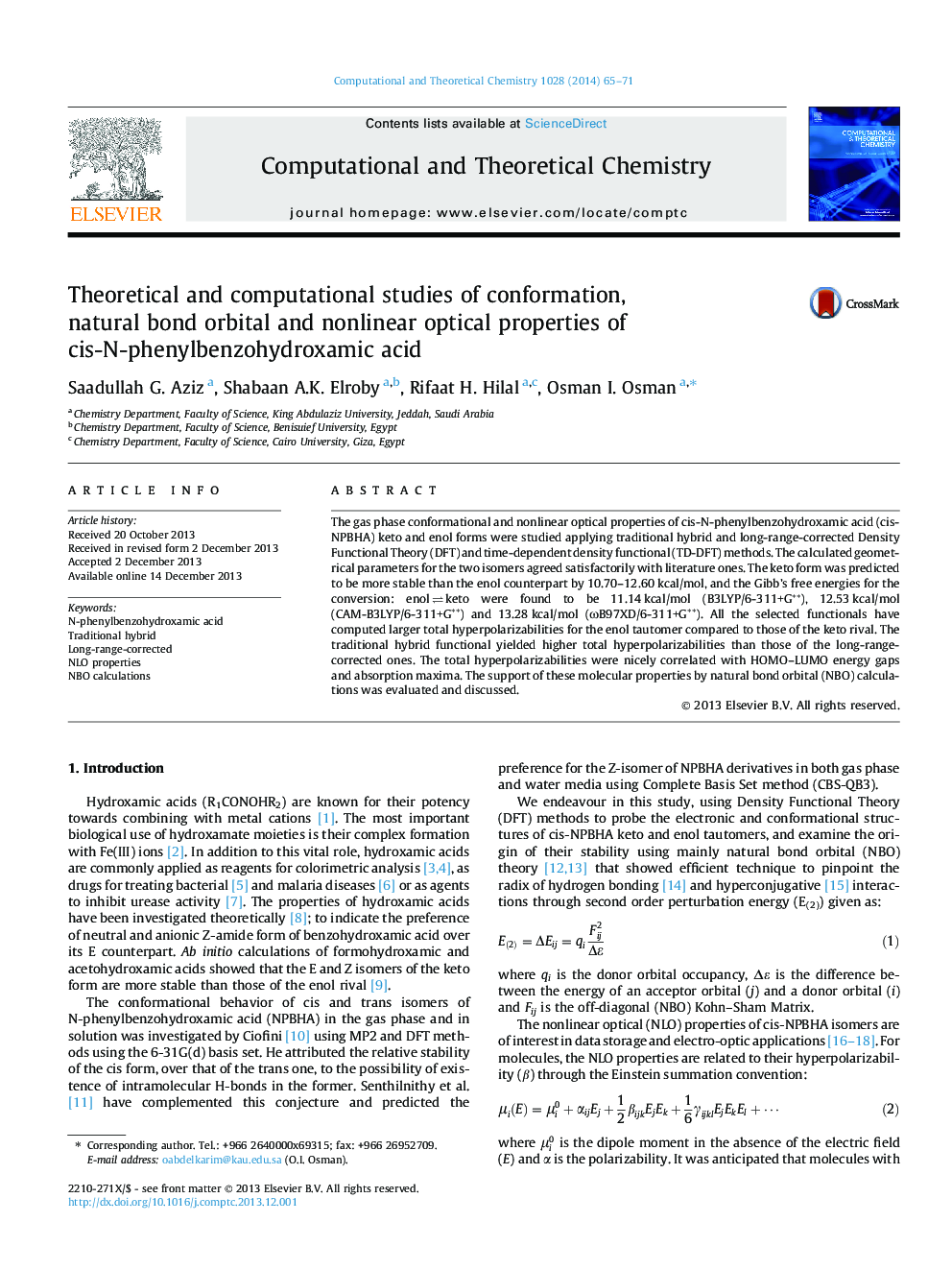 Theoretical and computational studies of conformation, natural bond orbital and nonlinear optical properties of cis-N-phenylbenzohydroxamic acid