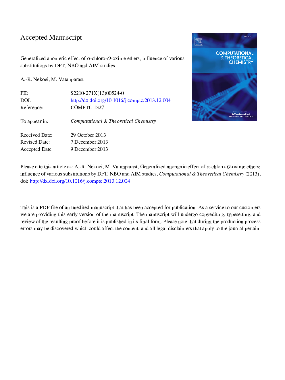 Generalized anomeric effect of Î±-chloro-O-oxime ethers; influence of various substitutions by DFT, NBO and AIM studies