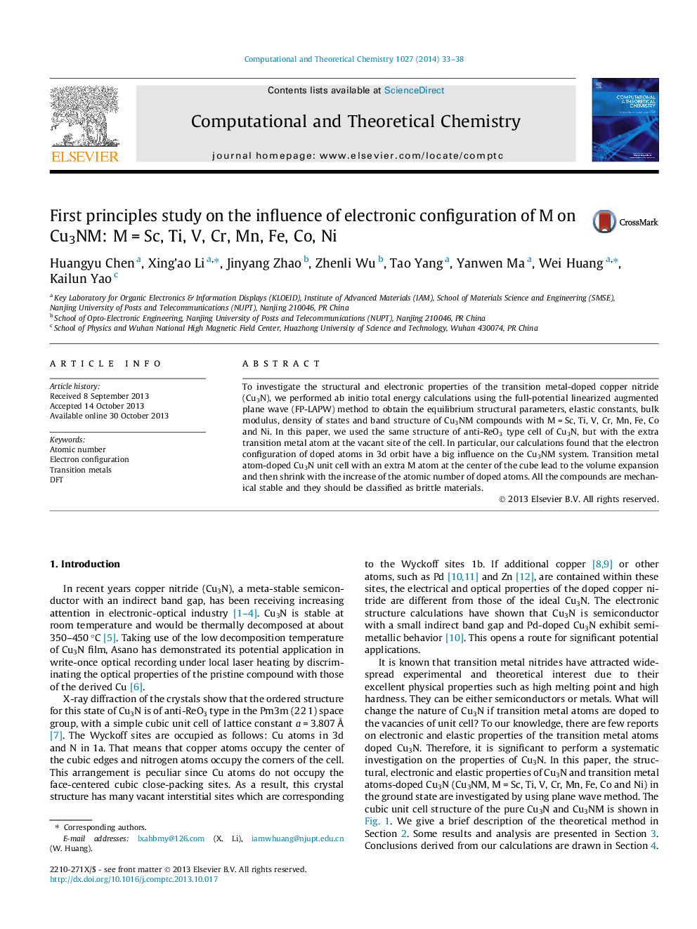 First principles study on the influence of electronic configuration of M on Cu3NM: MÂ =Â Sc, Ti, V, Cr, Mn, Fe, Co, Ni