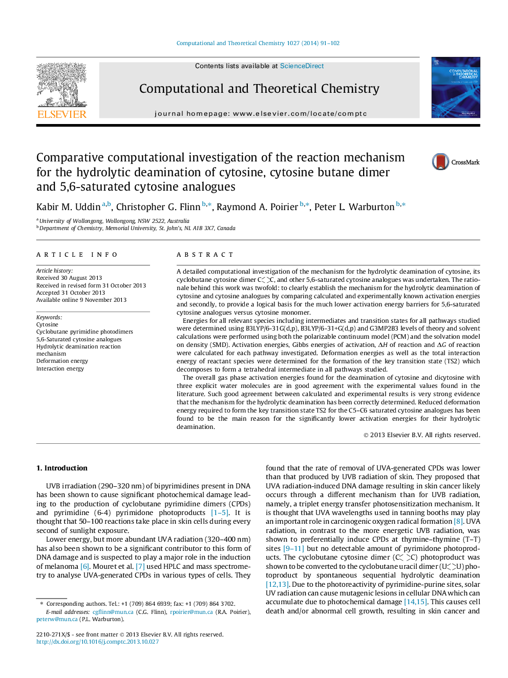 Comparative computational investigation of the reaction mechanism for the hydrolytic deamination of cytosine, cytosine butane dimer and 5,6-saturated cytosine analogues