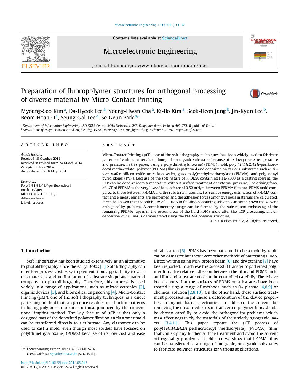 Preparation of fluoropolymer structures for orthogonal processing of diverse material by Micro-Contact Printing