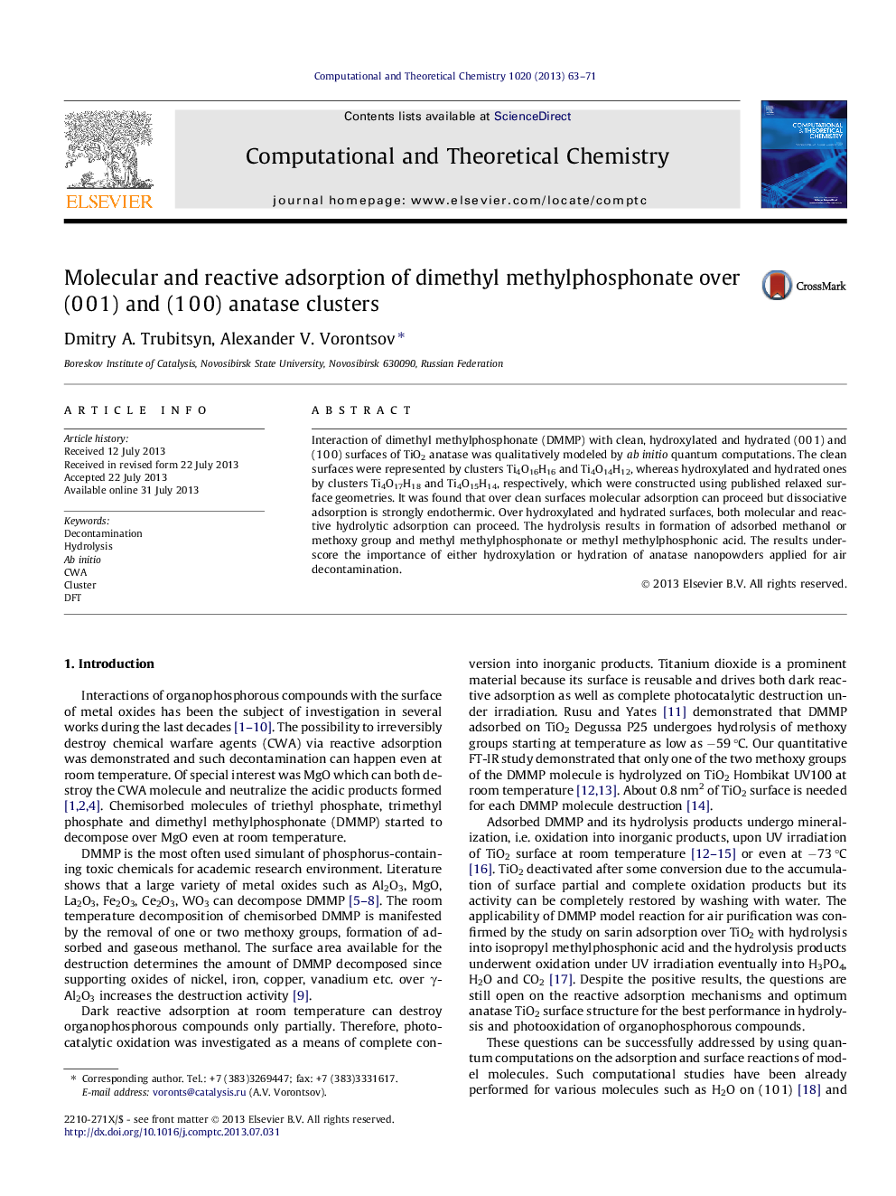 Molecular and reactive adsorption of dimethyl methylphosphonate over (0Â 0Â 1) and (1Â 0Â 0) anatase clusters