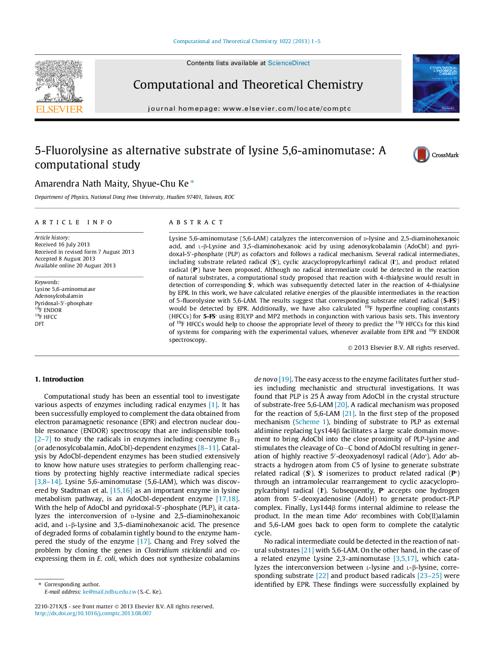 5-Fluorolysine as alternative substrate of lysine 5,6-aminomutase: A computational study