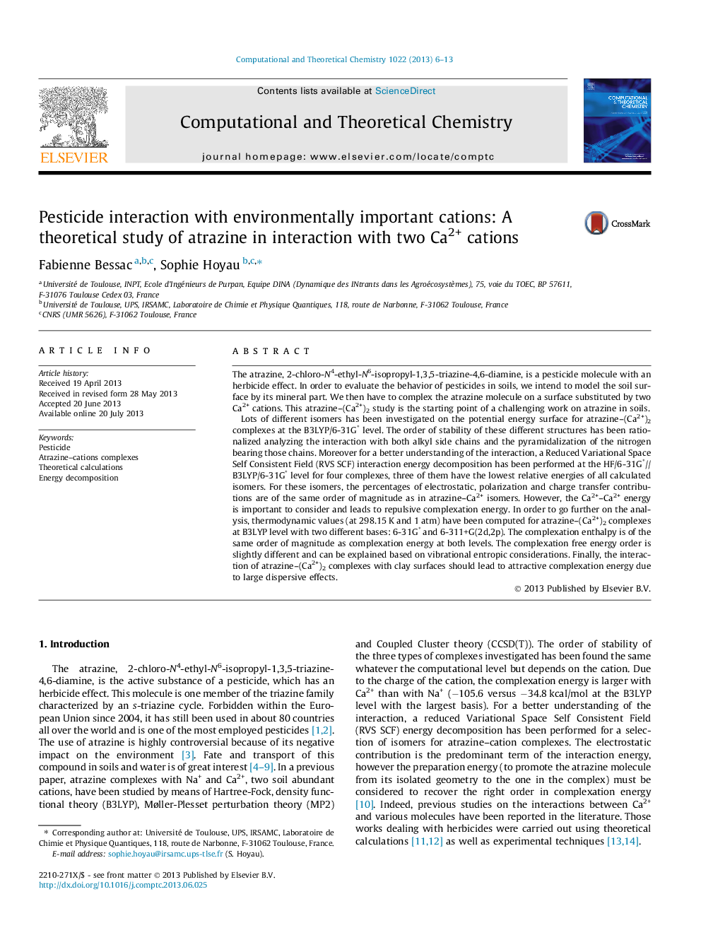 Pesticide interaction with environmentally important cations: A theoretical study of atrazine in interaction with two Ca2+ cations