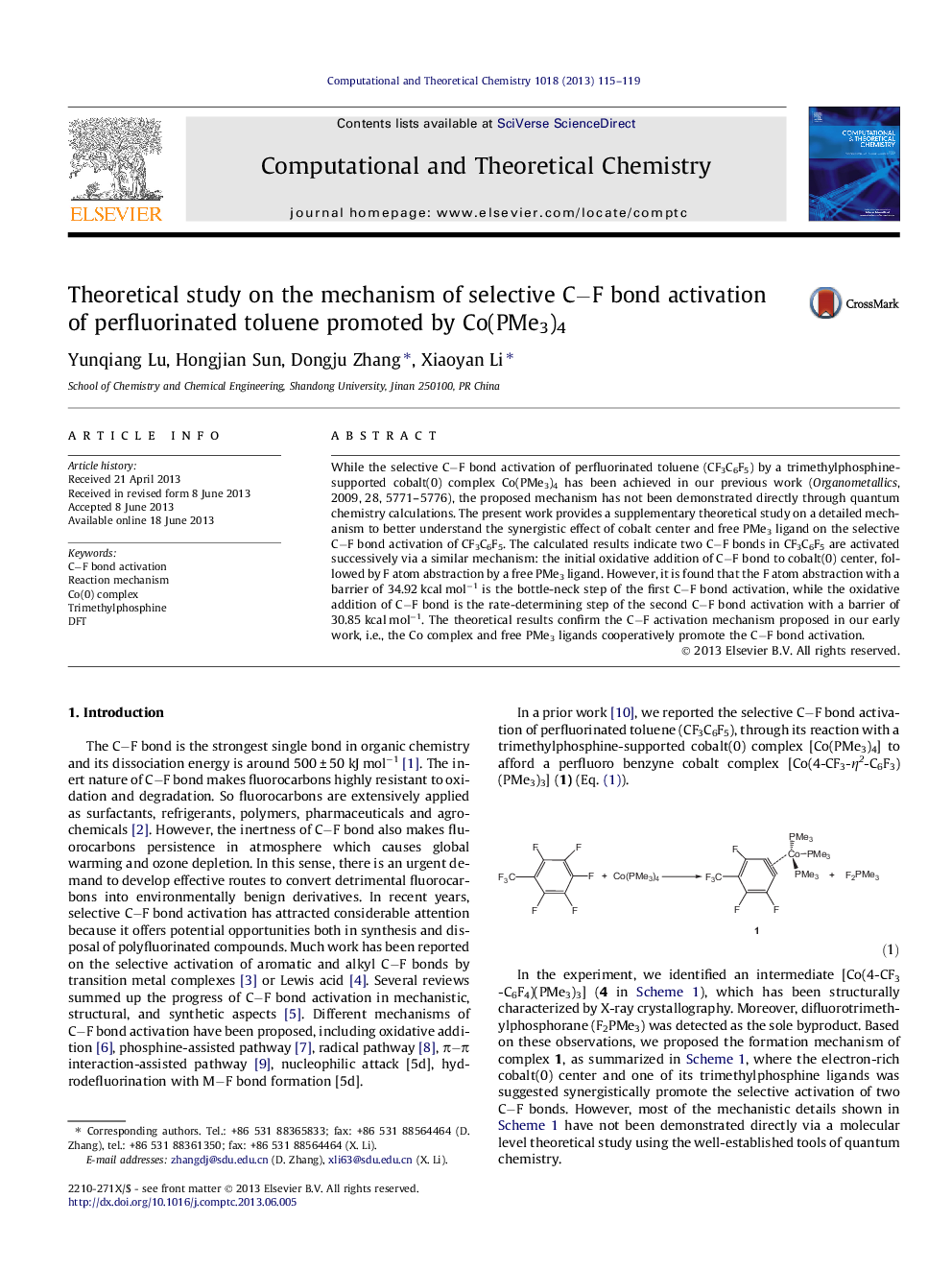 Theoretical study on the mechanism of selective CâF bond activation of perfluorinated toluene promoted by Co(PMe3)4