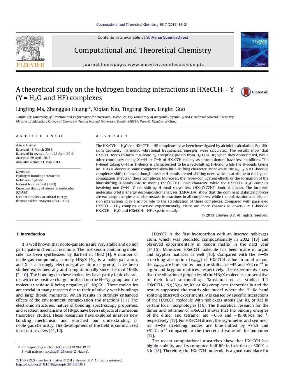 A theoretical study on the hydrogen bonding interactions in HXeCCHâ¯Y (YÂ =Â H2O and HF) complexes