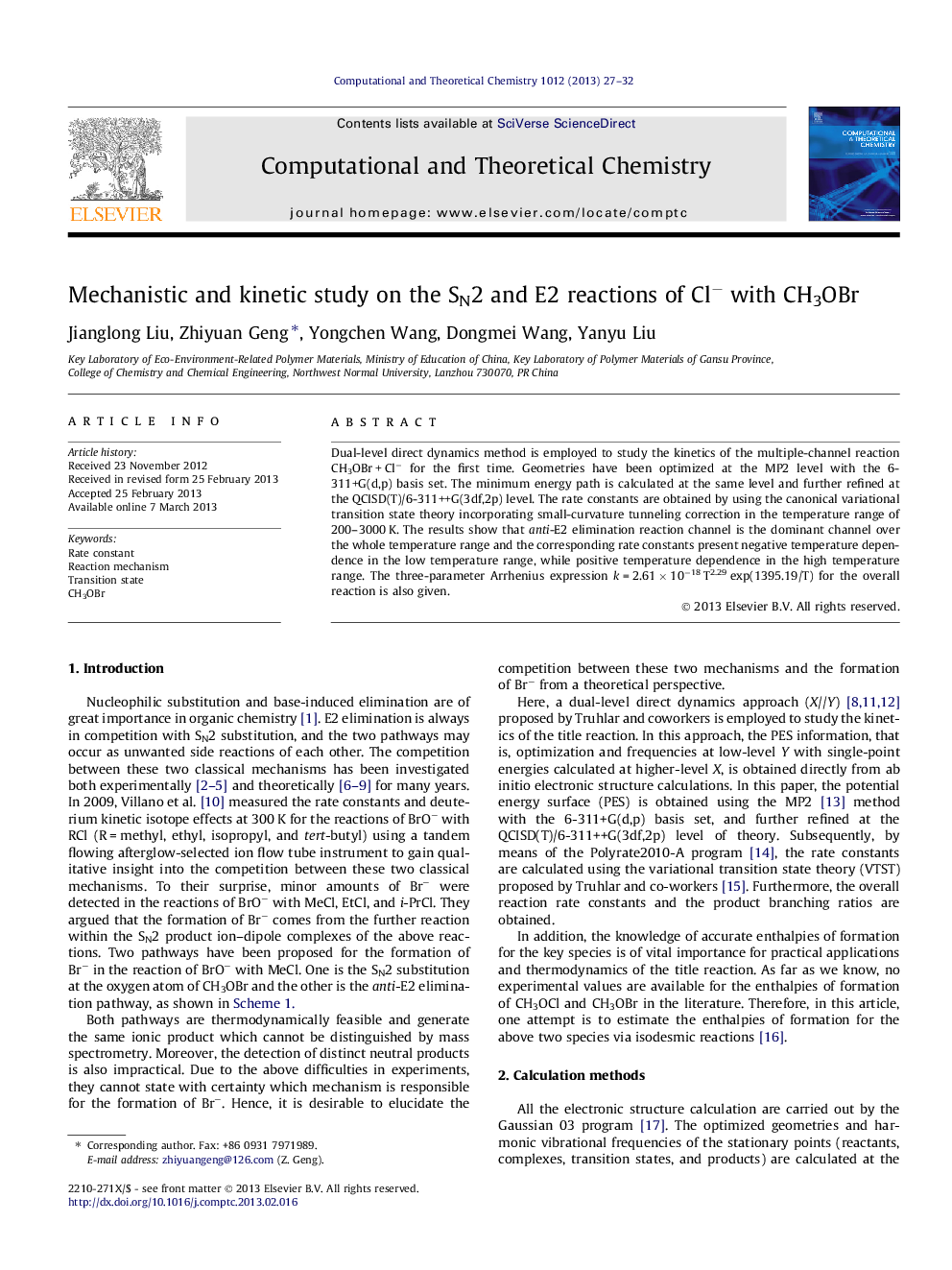 عکس صفحه اول مقاله: Mechanistic and kinetic study on the SN2 and E2 reactions of Clâ with CH3OBr Mechanistic and kinetic study on the SN2 and E2 reactions of Clâ with CH3OBr