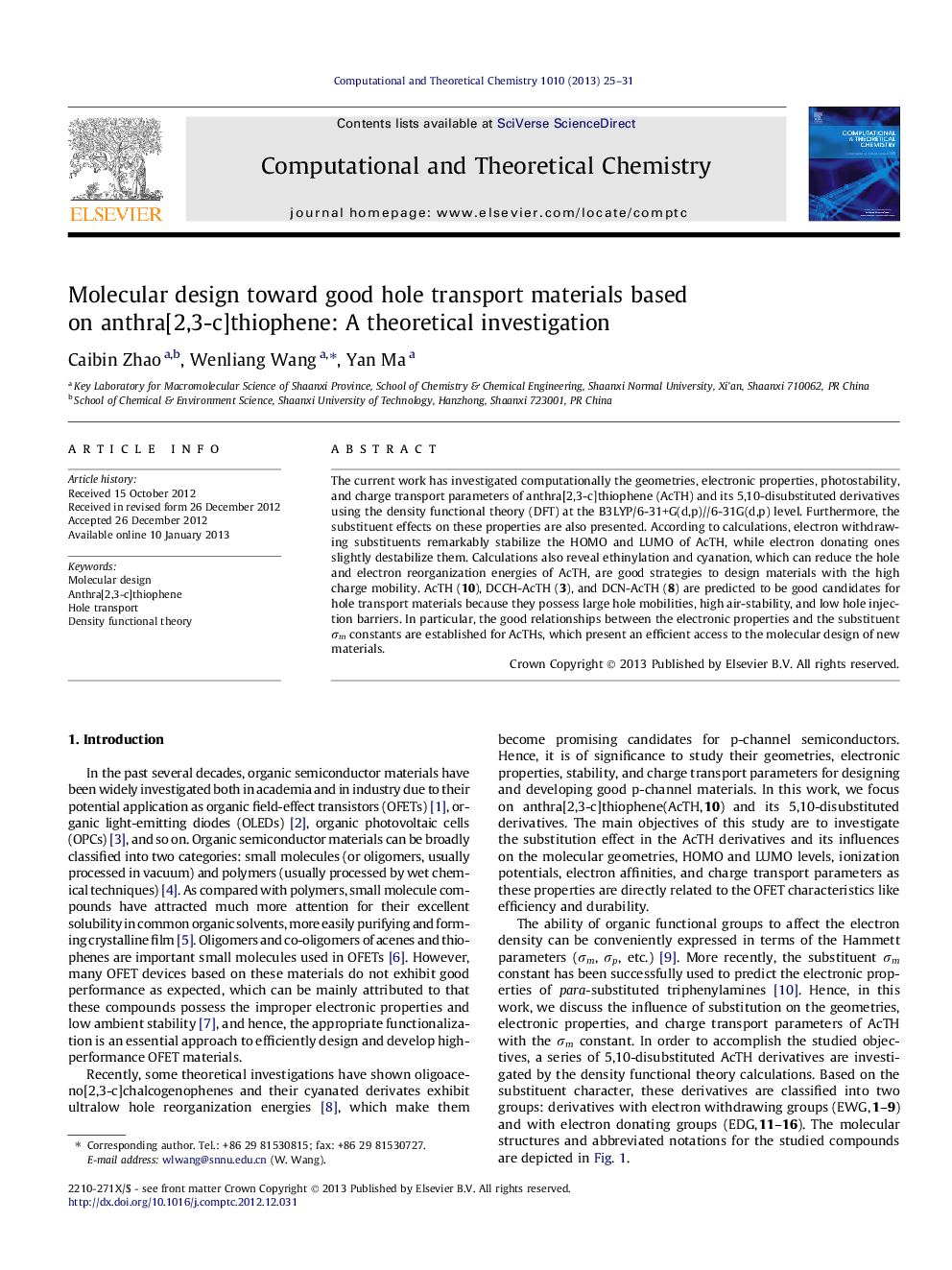 Molecular design toward good hole transport materials based on anthra[2,3-c]thiophene: A theoretical investigation