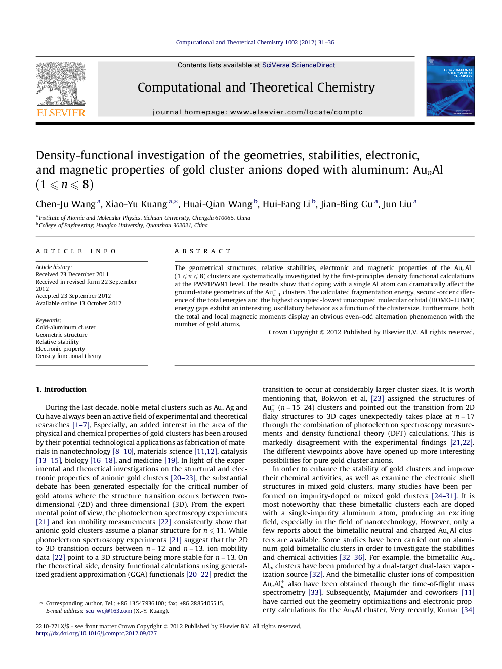 Density-functional investigation of the geometries, stabilities, electronic, and magnetic properties of gold cluster anions doped with aluminum: AunAl- (1Â â©½Â nÂ â©½Â 8)