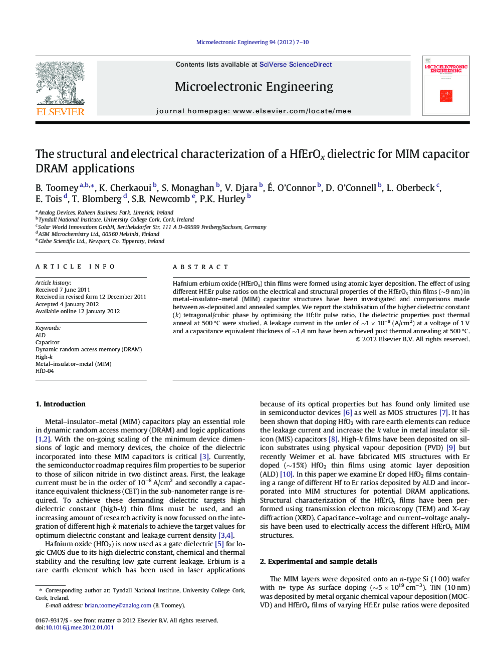 The structural and electrical characterization of a HfErOx dielectric for MIM capacitor DRAM applications